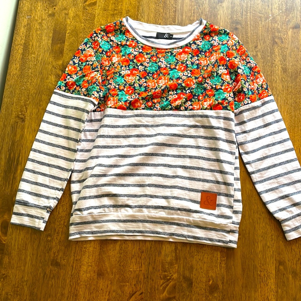 Ampersand Floral and Stripe Crew Neck Top Cotton Blend S